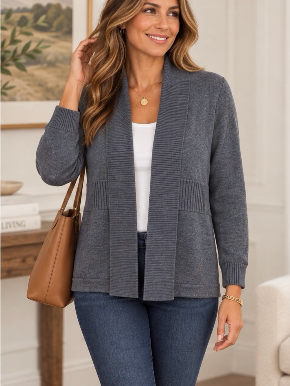Talbots 100% Merino Wool Gray Open Front Cardigan Sweater Size Petite Large